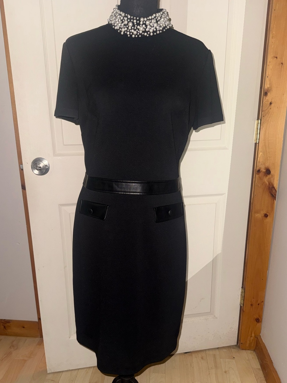Karl Lagerfeld Paris Black Pearl Collar Faux Leather Trim Dress, Size 8